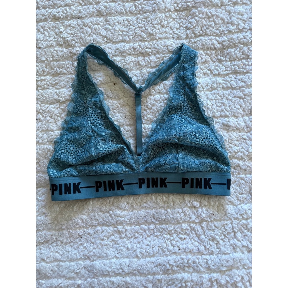 Victoria's Secret PINK Blue‎ Lace Bralette T-Back Logo Band Wireless Medium M